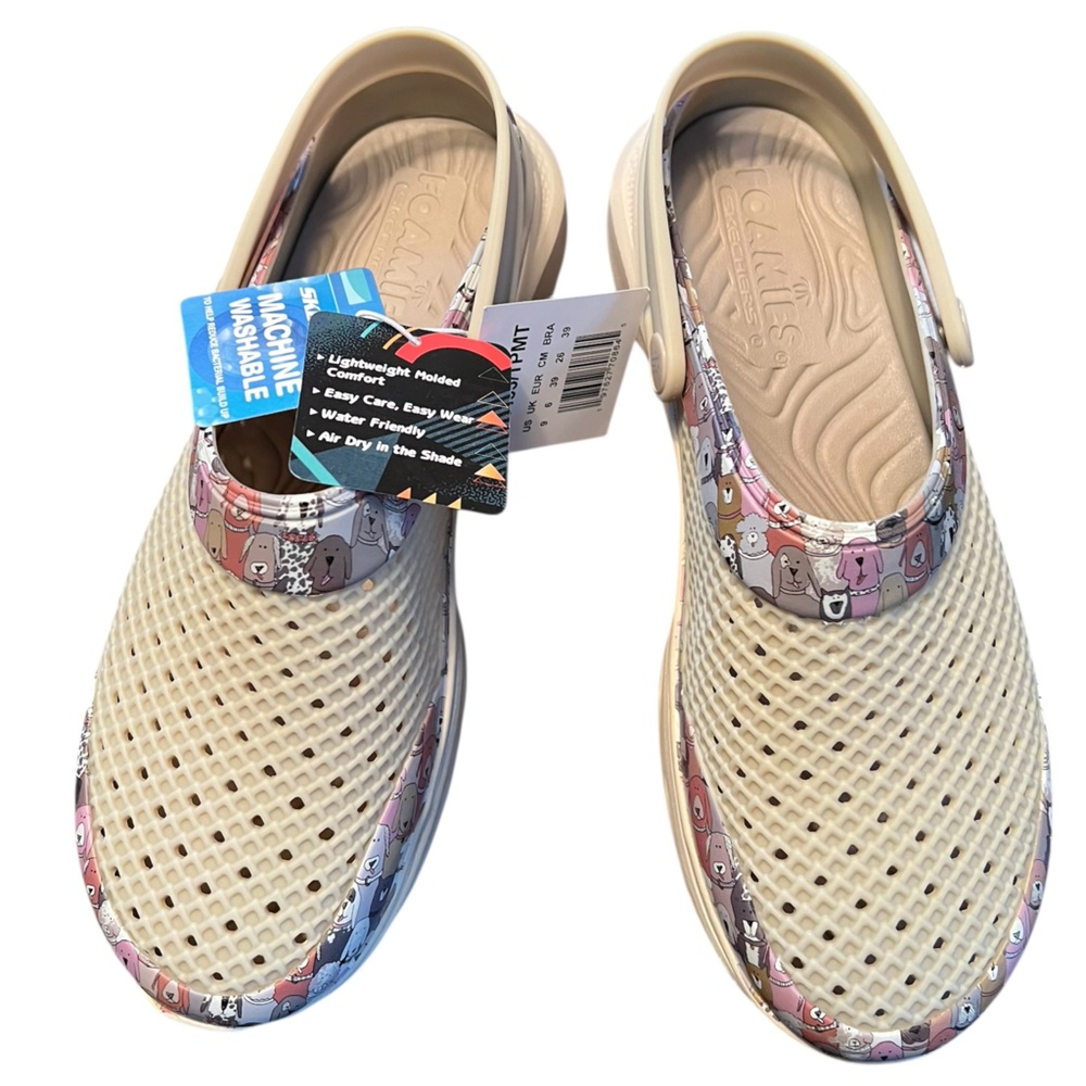 Skechers Beige Woven Clogs with Multicolor Cartoon Trim